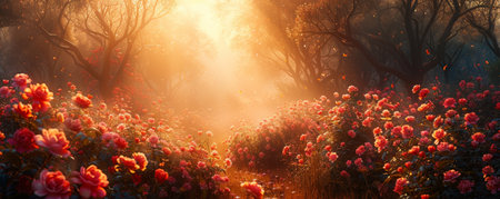 A tranquil garden with old-fashioned charm, muted blossoms, and gentle sunlight evokes a nostalgic serenity.の素材