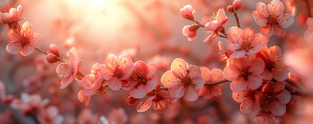 Serene spring landscape adorned with soft-focus flowers, vintage floral beauty in warm sunlight exudes rustic charm.の素材
