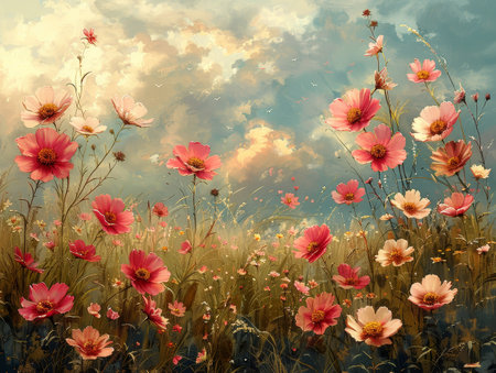 Blooms in meadows, rustic charm with floral pattern in nature's artwork setting.の素材