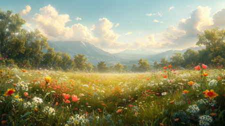 A serene meadow with delicate flowers and a vintage botanical charm evokes springtime memories in rustic elegance.の素材