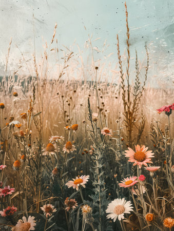 Old-fashioned garden with natural texture, delicate floral pattern in earthy tones, sunny field backdrop for a nostalgic scenery and botanical illustration charmの素材