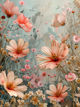 Vintage floral elegance, a serene landscape filled with delicate sun-kissed petals and the rustic charm of a blooming garden, captured in soft pastel tones.の素材