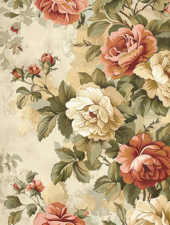 An old-fashioned garden blooms with delicate floral patterns, sunlit flowers against a backdrop of nature's tranquility.の素材