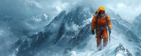 Intrepid explorer navigating a treacherous mountain pass, blizzardの素材