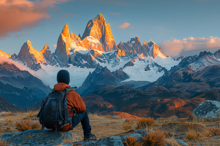 Backpacker gazes at majestic mountains as dawn light breaks over the horizonの素材