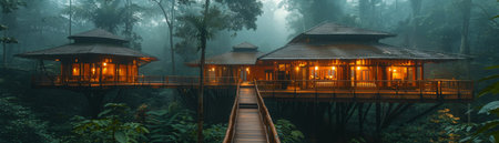 Eco-tourism treehouse lodge nestled in dense jungle with birds chirping in the backgroundの素材