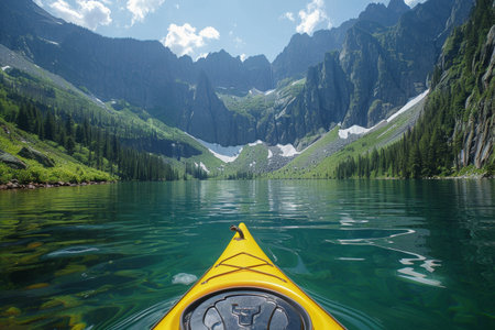 National park, kayaking on crystal-clear mountain lakeの素材
