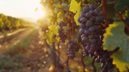 Vineyard tour, rows of grapes, tasting wine under the sunの素材