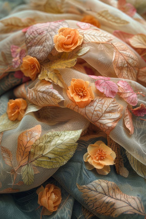 Eco dyeing fabric with natural materials, leaves and flowers, organic patternsの素材