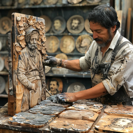 Printmaker inks block, presses to imprint design on paperの素材