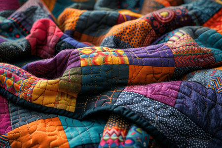 Quilting a patchwork blanket, pieces of fabric with various textures and patternsの素材