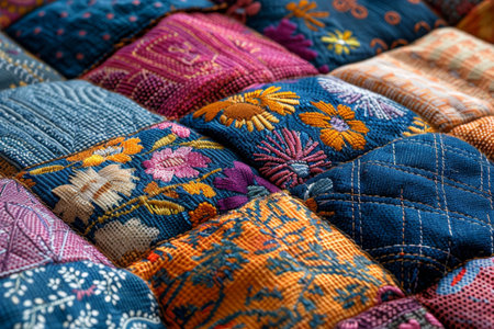 Quilting a colorful patchwork, mixing textures and patterns in fabric pieces for a cozy blanket designの素材