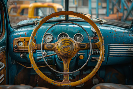 Polished, shiny luxury car interior contrasts with the rough, worn-in vintage truck cabin, showcasing differing vehicle conditionsの素材