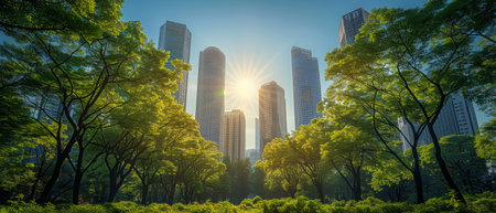 Geometric skyscrapers contrast organic tree lines; modern architecture meets antique cottages in a city park settingの素材