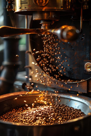 Discover the artisan process at an atmospheric coffee roastery with freshly roasted beans and detailed roasting machine.の素材