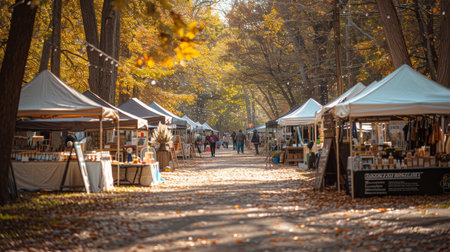Local artisans showcase handmade goods at an Autumn art and craft fair against a leafy backdrop.の素材