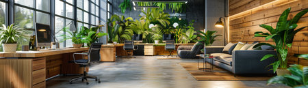 Biophilic design boosts wellness and productivity through green, vibrant modern office spaces.の素材