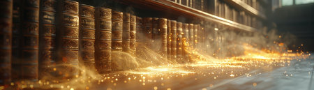 Atmospheric antique library filled with rows of ancient books, dust particles illuminated by sunlight, history and knowledge.の素材