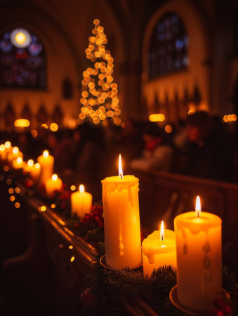 Christmas Eve candlelight service brings a serene and holy atmosphere as the community gathers.の素材