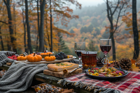 Cozy autumn picnic setup in a forest, colorful leaves and rustic food spread create a delightful ambiance.の素材