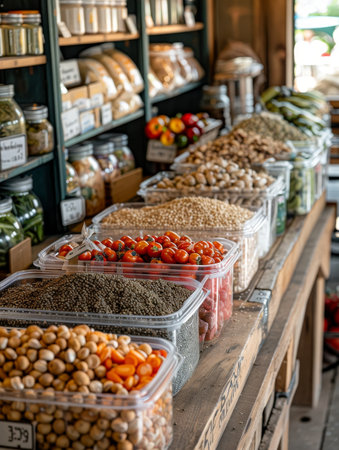 Zero waste community market, selling unpackaged goods, promoting reuse and recycling, friendly and sustainable.の素材