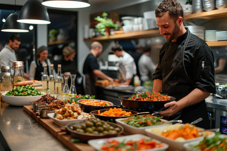 In a modern kitchen, a gourmet cooking class brings joy, learning, and camaraderie among chef and participants.の素材
