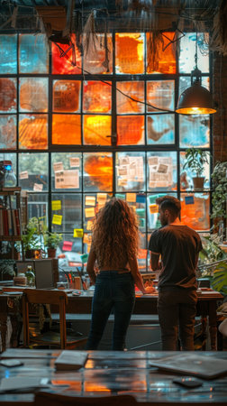 Creative team collaborates in lively coworking area, diverse members actively engage, vibrant sticky notes adorn glass wall.の素材