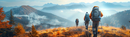 Friends hiking in majestic mountains at sunset, embracing freedom, exploration, and adventure travel.の素材