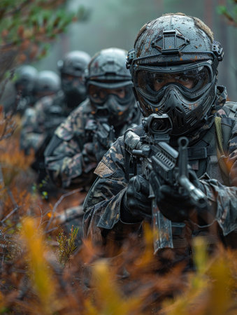 Thrilling paintball duel in woods, teams strategize, compete, fueled by adrenaline and fun!の素材
