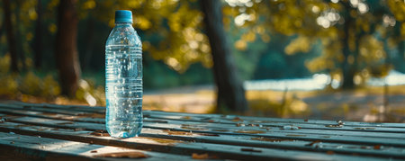 A sweaty water bottle on the picnic table highlights the challenge of maintaining cold drinks.の素材