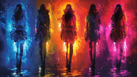 Fashion sketches feature ethnic patterns, seasonal themes, and vibrant, abstract backgrounds.の素材