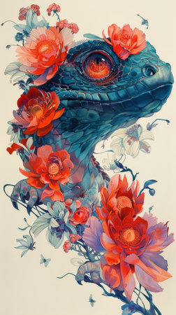 Surreal context blends vibrant flora with fantasy creatures in reimagined botanical drawings.の素材