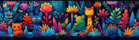 Whimsical adventures featuring colorful, surreal cartoon animals in vibrant settings.の素材