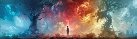 Fantasy creatures in a digital watercolor style, surrounded by ethereal landscapes and magical forests.の素材