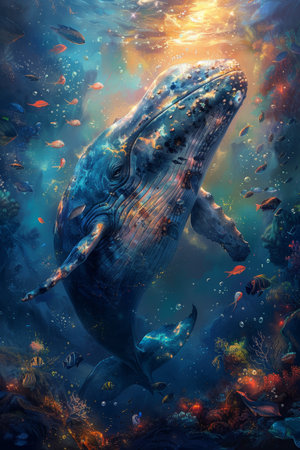 Colorful marine life and whimsical watercolor textures enhance the undersea adventure with cartoon animals.の素材