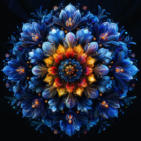 Digital mandalas with intricate patterns and vibrant colors, designed for a meditative and calming effect.の素材