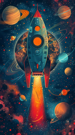 Cartoon animals embark on a space exploration with hand-drawn spaceships and aliens, all part of a whimsical adventure.の素材