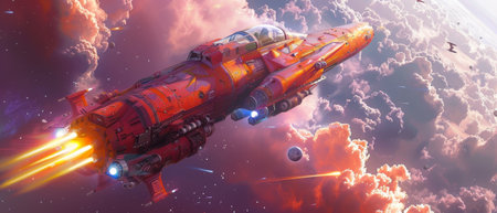 Ethereal scenes with vibrant spaceships and celestial bodies in space exploration settings.の素材