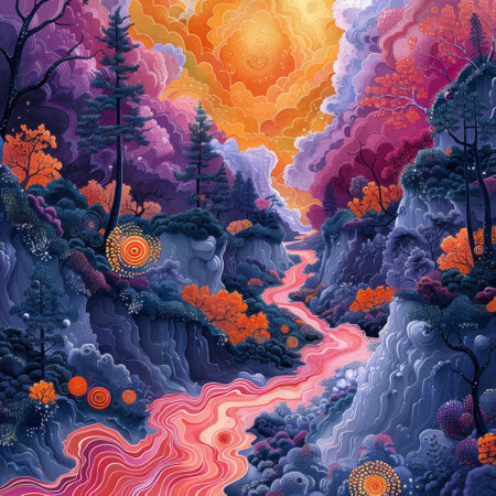 Environmental digital art features vibrant, abstract patterns within surreal landscapes.の素材
