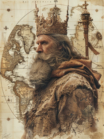 Hand-drawn characters in vintage maps setting, exploring historical and fantasy landscapes with intricate details.の素材