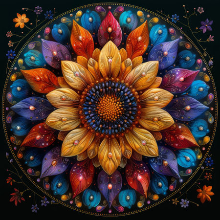 Create calming digital mandalas with intricate patterns and vibrant colors for a meditative experience.の素材