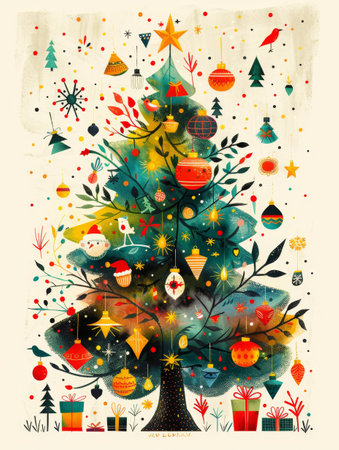 Vibrant holiday decorations showcase hand-drawn characters and seasonal themes in lively colors.の素材