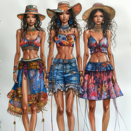 Fashion sketches blend contemporary designs with ethnic patterns in vibrant colors, creating a unique fusion.の素材