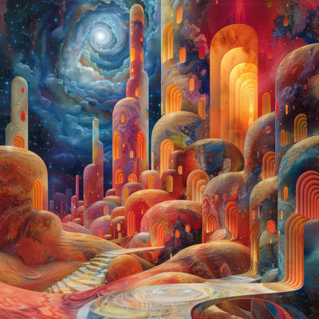 Explore surreal digital vistas with vivid hues, unique designs, and imaginative details.の素材