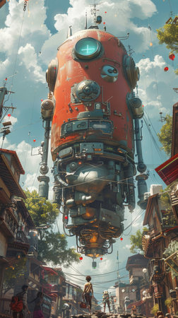 Hand-drawn characters in steampunk gadgets navigate a vintage-inspired futuristic world with flair.の素材