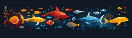 Illustration of marine life with vibrant colors and geometric shapes in a minimalist style portrays elegance and simplicity.の素材