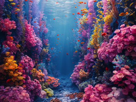Ethereal undersea worlds, capturing the mystery of marine life and magical underwater forests in vibrant colors.の素材
