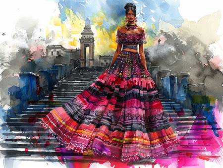 Fashion sketches combine cultural landmarks, modern style trends, and vibrant colors, creating a unique fusion.の素材