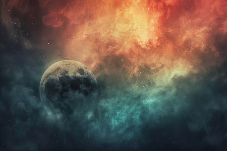 Ethereal celestial elements mix digital art and watercolor textures, creating a mystical aura.の素材