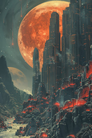 Retro futurism designs blending vintage sci-fi scenes with modern digital art techniques.の素材